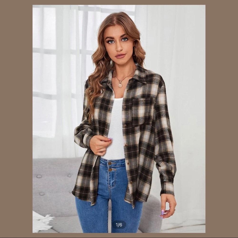 Plaid Pocket Patched Blouse (Brand New)